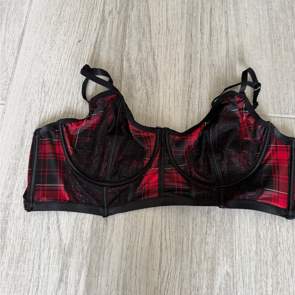 Red Plaid Longline Underwire Bra with Black Lace